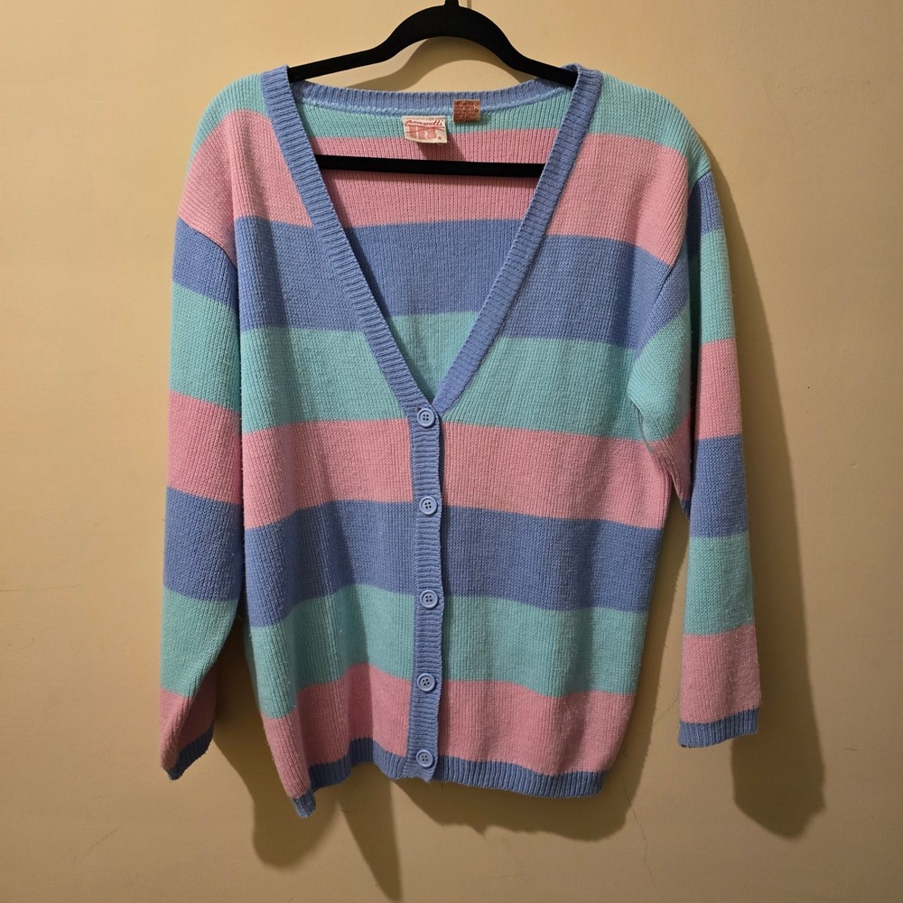 Vintage 80s Fetagetti Cardigan Women M Pink Blue Striped Pastel Knit Sweater - Picture 6 of 7